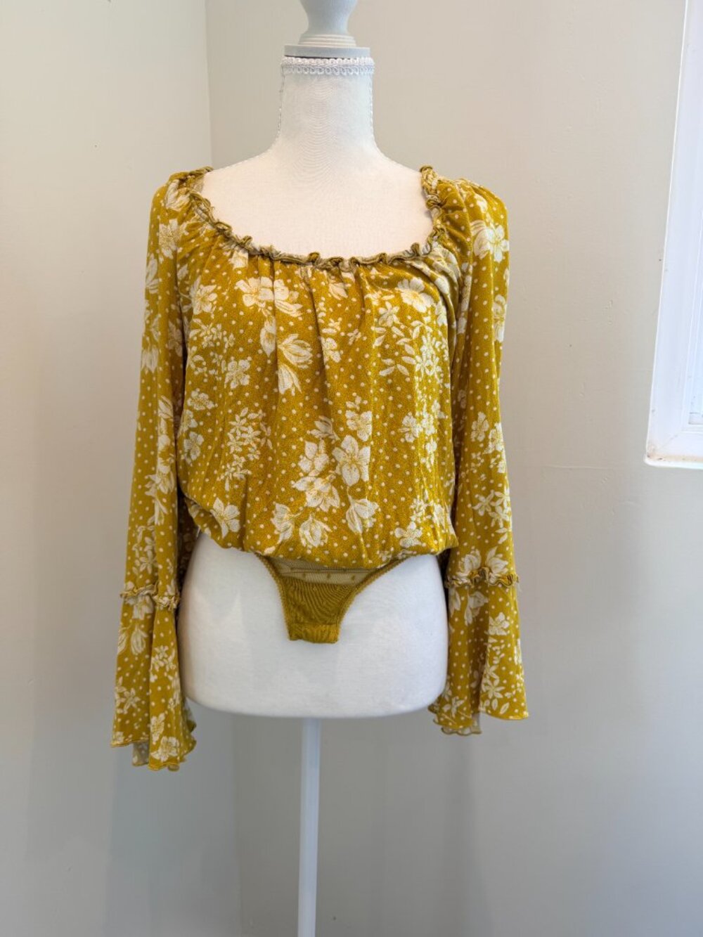 Free People One on One Date Boho Bodysui Marigold Yellow Floral Bell Sleeve XS